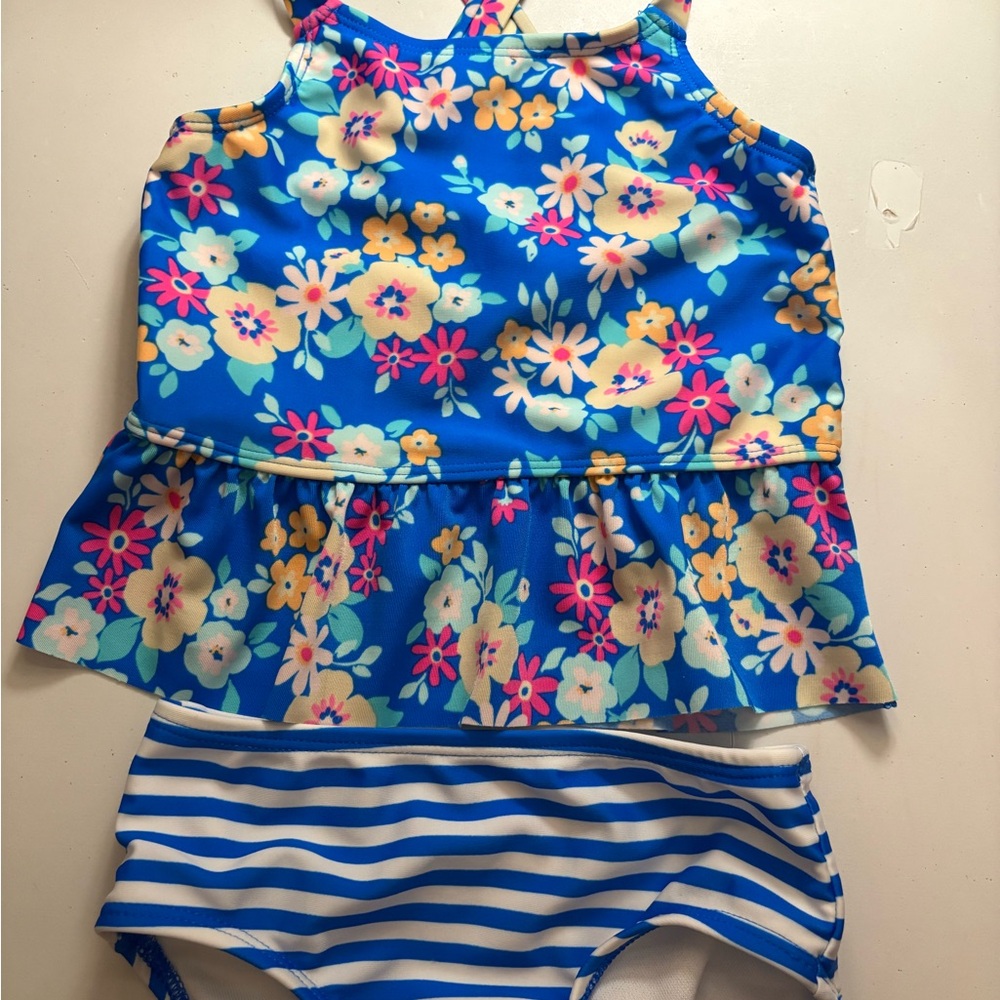 Cat & Jack Blue Floral Tankini Set with Pink and Yellow Accents